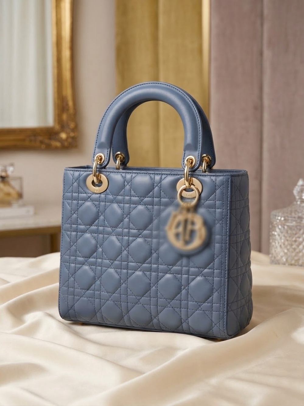 Quilted Top-Handle Bag in Dusty Blue